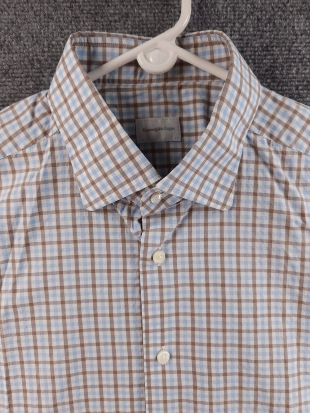 Ermenegildo Zegna Check Turkey Blue Brown 17.5 Button Up Men Long Sleeve Shirt